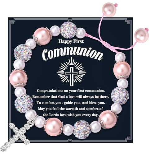 CASSIECA First Holy Communion Bracelets for Girls Communion Gifts for Girl Pink Purple Cross Bead Bracelets Christian Gift Baptism Gift for Girl