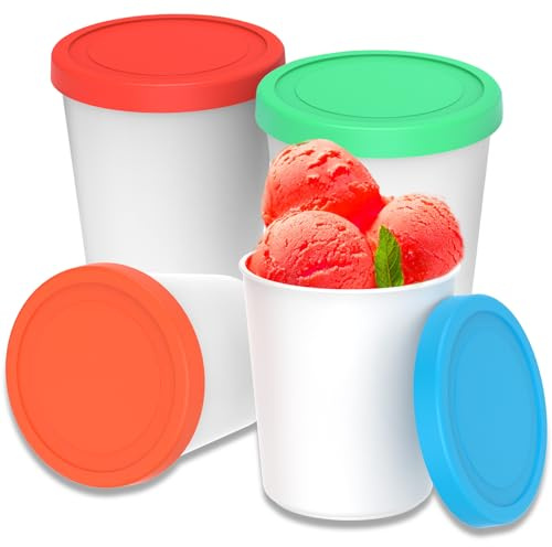 Paquete de 4 recipientes de helado con tapas de silicona reutilizables de 1 litro, recipientes de almacenamiento redondos apilables para helado, recipientes grandes de almacenamiento para