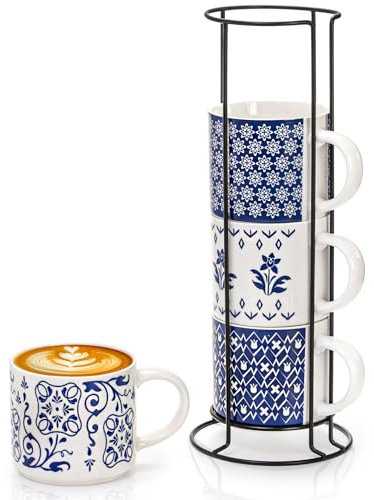 Eorbow Juego de 4 tazas de café de cerámica con estante, tazas de capuchino apilables de 16 onzas con soporte de metal, tazas de té de porcelana azul y blanca para latte, americano, leche, cacao
