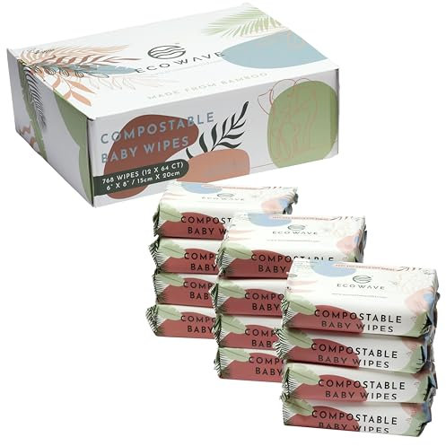 Eco Wave Bamboo Baby Wipes, 100% Biodegradable & Compostable, Unscented, Hypoallergenic, Vegan, Alcohol-Free, 768 Wipes