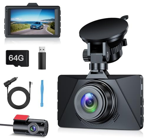 Range Tour Dash Cam anteriore e posteriore, scheda 64G inclusa, FHD 1080p telecamera per auto grandangolare 170° HDR registratore di guida