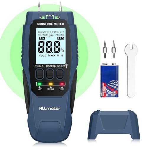 ALLmeter Feuchtigkeitsmessgerät für Wände, 2-in-1 (Pin/Pinless) Holzfeuchtemessgerät mit LCD-Display, Tonalarm und 4 Messmodi für Baustoffe, Holz, Mauerwerk, Trockenbau und Boden