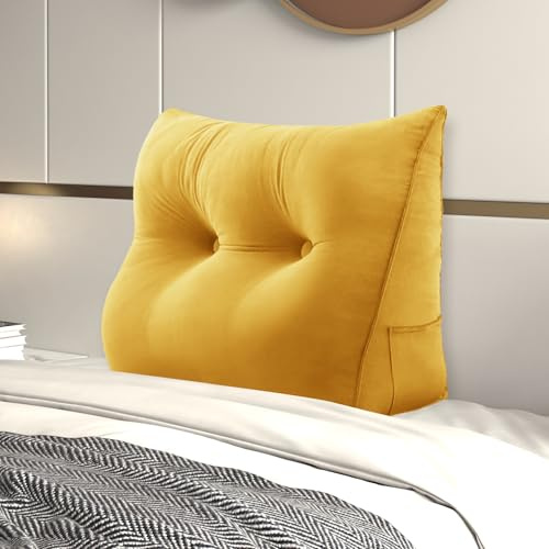 Johnear Cojín de respaldo para cama, cojín de cuña para sofá, respaldo de lectura, cojín triangular, cojín lumbar con funda de terciopelo extraíble (amarillo, 60 cm)