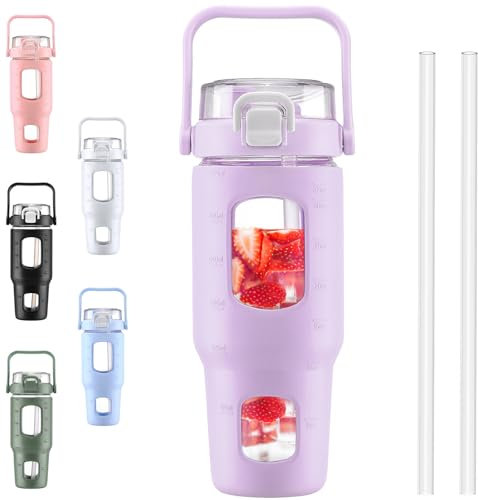 BLUEGO 960ml Glass Water Bottles with Straw Time Marker Half Gallon Large Motivational Water Bottle with Silicone Sleeve 0.96 Liter Large Glass Water Jug for Gym, Sports& Workout, Daily, Purple