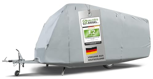 WALSER Premium Wohnwagen Abdeckplane, 100% wetterfeste Wohnwagenabdeckung, wasserdichte Wohnwagenplane mit UV-Schutz, Wohnwagen Schutzhülle, Wohnwagen Abdeckung inkl. Aufbewahrungstasche 470x250x220cm