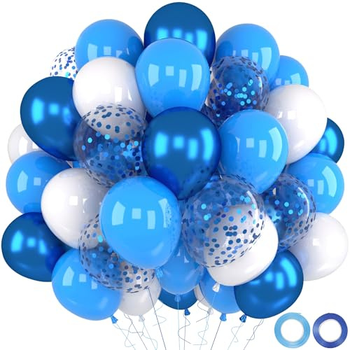 Ballonger blå, 52 stycken blå ballonger födelsedag ljusblå latex helium ballonger metallic konfetti ballonger set för pojke man födelsedag baby shower bröllop dop babyparty dekoration pojke, 30 cm