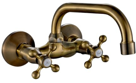 Robinet mural pour cuisine et évier, bec pivotant à 360°, double poignée, style vintage industriel, laiton massif, finition bronze vieilli, distance entre les prises 9,5-12,5 cm, AQG Athos Classique