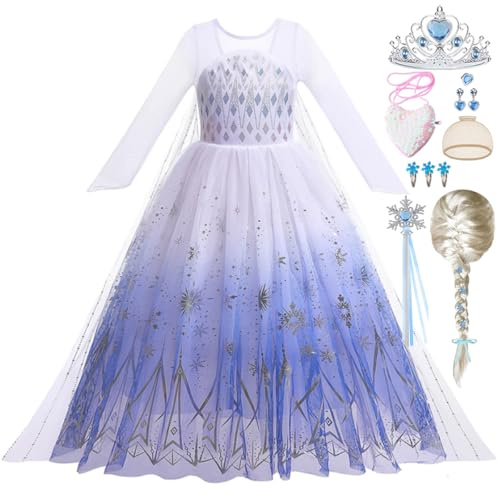 Snyemio Vestito Principessa Elsa Bambina con Parrucca Costume Regina del Ghiaccio Abito Bianco per Carnevale Compleanno Festa, 2-3 Anni