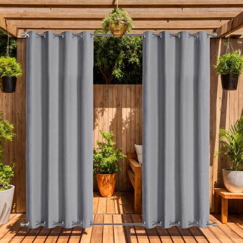 LiveGo Cortinas para exteriores impermeables con ojales (parte superior e inferior), 2 paneles de privacidad y protección UV, resistente al viento, para porche, pérgola, jardín, patio trasero (gris