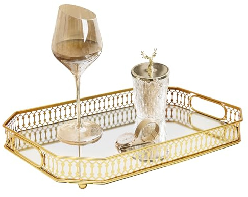 MEHOOSPVN Plateau de service en métal doré avec miroir en verre décoratif pour nourriture, boissons, bijoux, miroir vintage, plateau décoratif