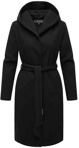 MARIKOO Damen Übergangsmantel lang Wickelmantel leichter Trenchcoat in Wolloptik mit Taillengürtel und Kapuze Kailii 16 Black Gr. XL