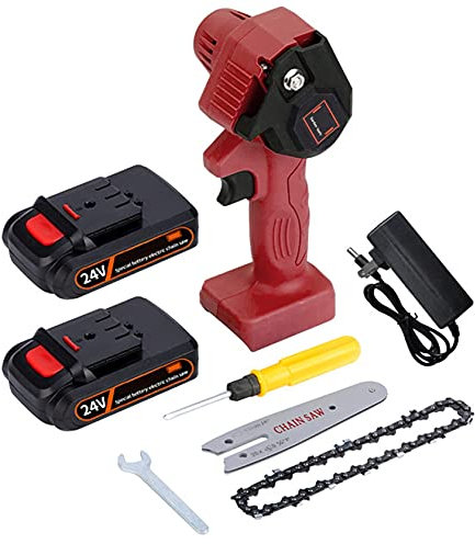 Batteridriven kedjesåg Mini sladdlös motorsåg 4 tums elektrisk kedjesåg Bärbar handhållen beskärningssåg med uppladdningsbart batteri för trädgrenar vedkapning och trädgård (röd 2 batteri)