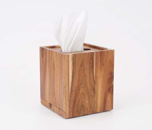 Spiretro Taschentuchbox-Halter aus Akazienholz, Premium-Naturbraun-Finish, ausziehbare Bodenplatte und ovale Oberseite für müheloses Entnehmen von Taschentüchern, passend für die meisten