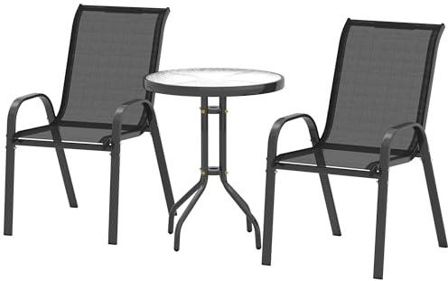 Outsunny Set da Bistro 3 Pezzi con 2 Sedie da Giardino Traspiranti Impilabili e Tavolino Rotondo, Set Tavolo e Sedie da Giardino in Acciaio e Vetro, Set da Giardino per Patio, Cortile, Nero