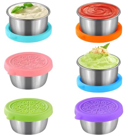 Salad Dressing Pots 6PCS, 45ml Stainless Steel Sauce Dip Pots with Lid | Leakproof & Reusable Salad Dressing Containers for Lunch Boxes, Travel, Meal Prep, Kitchen Storage