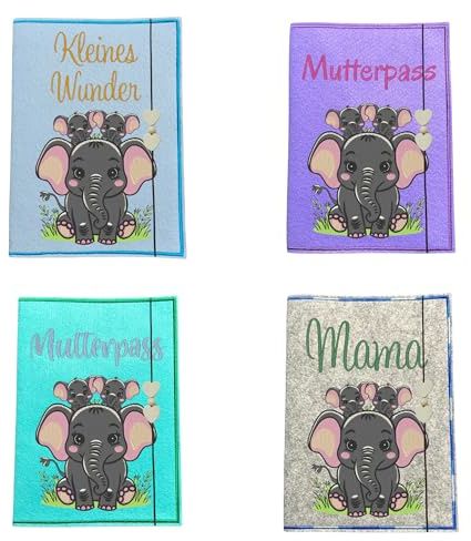 Mutterpasshülle Elefant mit Zwillingen – personalisiert aus Filz – bestickt – Geschenk zur Schwangerschaft – Ultraschallbild Hülle – Baby & Zwillinge - Wunschtext