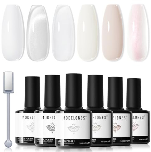 Modelones Gel Nail Polish Set, 6 Colors Milky White Cat Eye Gel Polish with Magnet Nude Jelly Nail Polish White Nail Varnish Kit Soak Off Nail Art Manicure DIY Salon for Women
