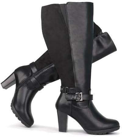 Chicblooms Stivali da donna taglie forti, gambo extra largo, tacco alto, con fibbia alla caviglia, Pelle scamosciata nera., 39.5 EU