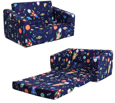Sofás Plegables para niños con Respaldo Sillón 2 en 1, Sillón Infantil Cómoda Estable Ligero con Bolsillo de Tela, Sofá Cama Asiento para Bebé para Dormitorio Sala de Juegos, Planeta Cohete