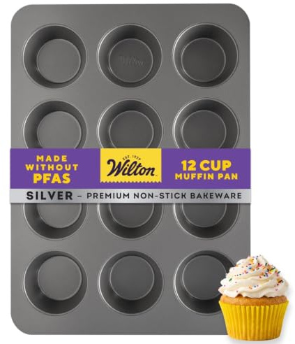 Wilton Silver Non-Stick Muffin Pan, Made Without PFAS, 12-Cup | Non-Stick Steel Bakeware, Dishwasher Safe with 5-Year Limited Warranty, Perfect for Everyday Cupcakes & Muffins