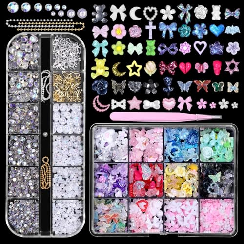 CharmeFleur 3D Nagel Charm Set Farbige Blume Schleife Mond Herz Stern Nageldesign Charms Halbrunde Perlen Und Flache Steine AB Hohl Schmetterling Legierung Nageldesign