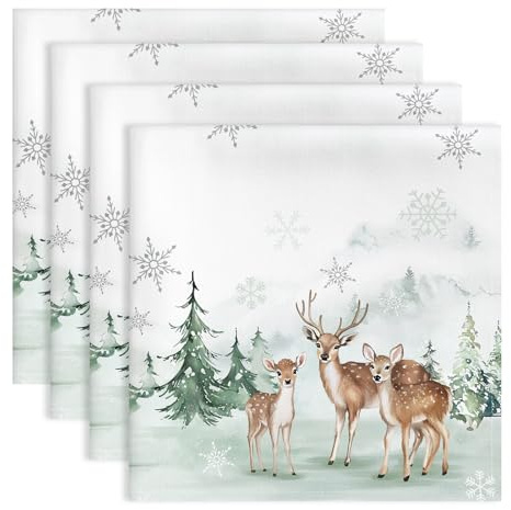 Arquiel Winter Deer Napkins, 45 cm x 45 cm Dinner Cloth Napkins Set of 4, Washable Cotton Soft Absorbent Square Table Top Decoration for Christmas Dining Kitchen Party Wedding