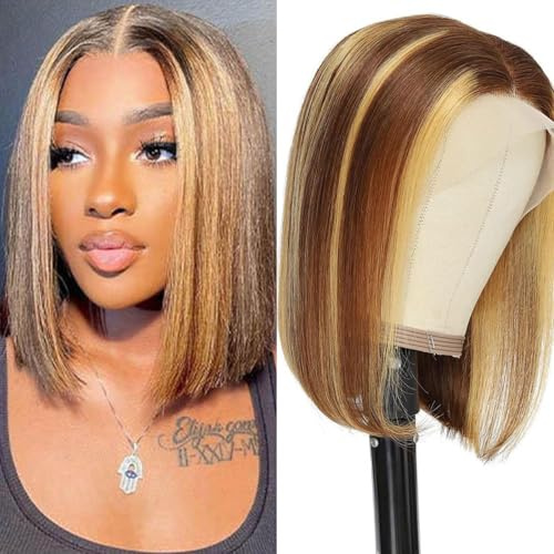 Wepwcod Echthaar Perücke 13x4 HD Lace Front Bob Wig Human Hair 180% Density Brazilian Straight Bob Wigs with Baby Hair Highlight Blonde Perücke Damen Glueless Wig Human Hair Pre Plucked Perücke Damen