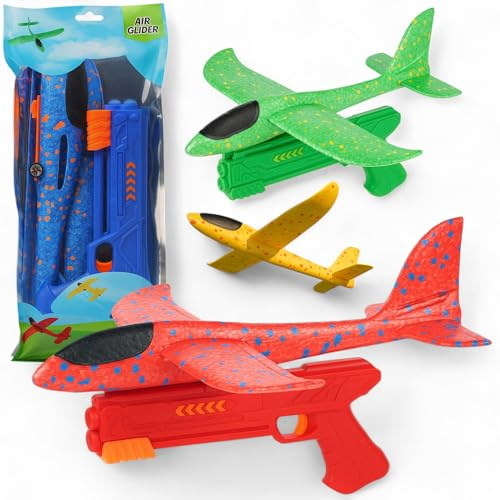 MIJOMA Sky Flyer Schaumflugzeug mit Launcher – Robustes PP-Foam Plane mit Abschuss-Pistole, Outdoor Spielzeug für Kinder, zerlegbar & leicht, Air Glider Set, Farbe per Zufall
