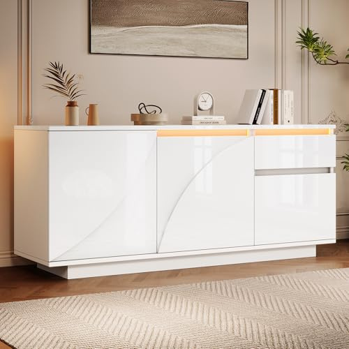 Oslghy Sideboard, Buffetschrank Kommode mit LED Beleuchtung, Küchenbuffet Küchenschrank mit 1 Schubladen und 3 Türen, Moderne Weiß Aufbewahrung Stehschrank für Schlafzimmer und Wohnzimmer,140×40×60cm