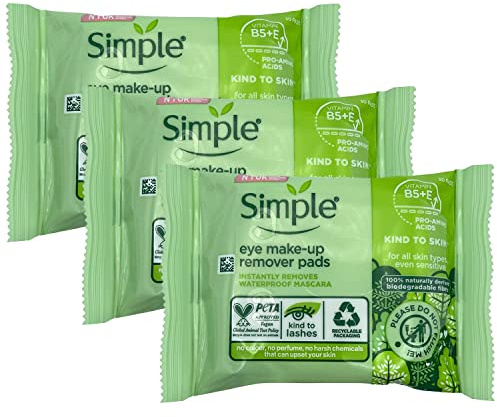 Simple Kind to Skin Eye Make-Up Remover Pads, 3x30 Pads - Gentle, Alcohol-Free, Non-Irritating, Hydrating, Hypoallergenic, Safe for Sensitive Eyes and Contact Lens Wearers