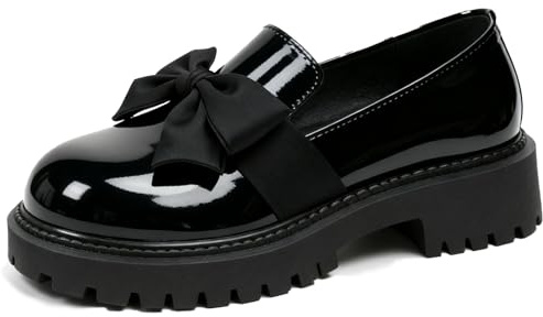 Women's Patent Leather Chunky Heel Bow Loafers Elegant Round Toe Platform Non-Slip Lug Sole Casual Dress Shoes for Business Office Work Everyday Wear (Black,10)