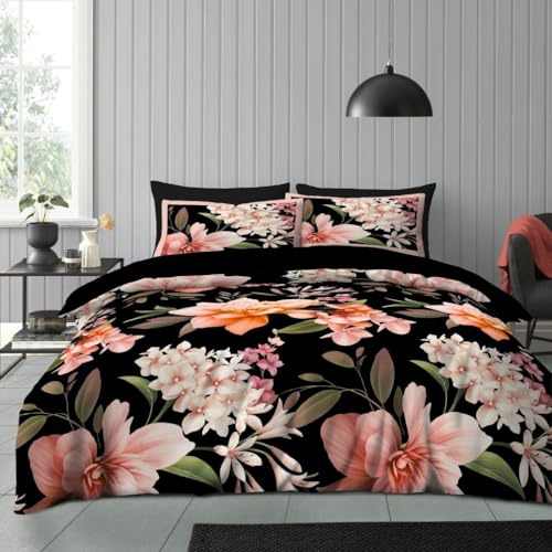 Lions Black Floral Bedding Set - Microfibre Soft Printed King Size Duvet Cover with Matching Pillowcase - 100% Polyester Reversible Flowers Print Quilt Covers, 230x220cm