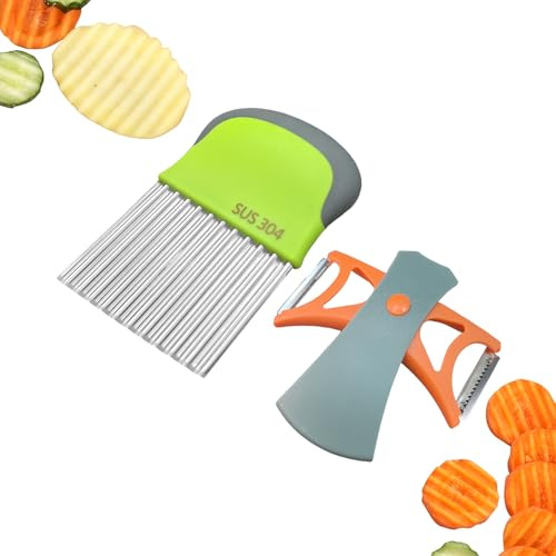 Watprrofit Wellenschneider und Universalschäler(2 Stück),Professionelles Edelstahl Crinkle Chip Cutter für Erwachsene und Kinder,für Gemüse,Salat,Obst