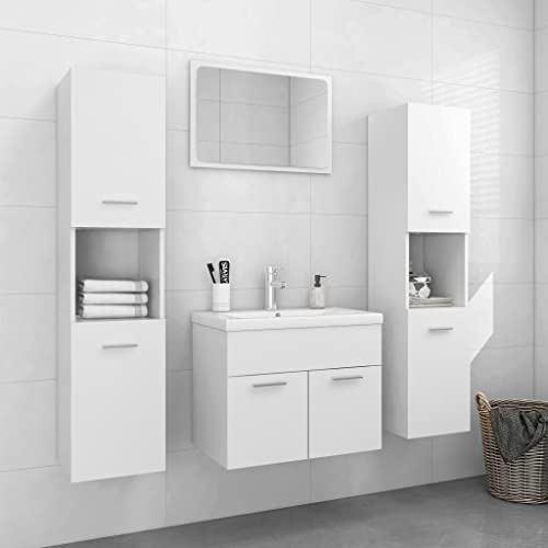 HaoChrymec Conjunto de Muebles de Baño, Madera, Diseño Moderno, Mueble de Lavabo con Fregadero Empotrado, Armarios Altos, Armario Multiusos, para Baño y Aseo, Color Blanco, 60 x 38.5 x 46 cm