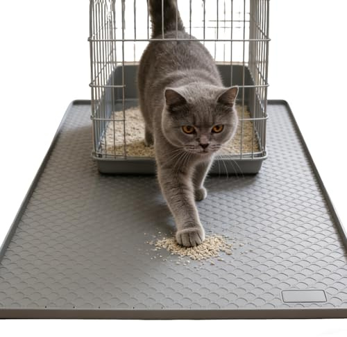 Große Silikon Katzenklo Matte 80x56cm, Lebensmittelechtem Katzenstreu Matte Wasserdicht Urinbeständiges Leicht zu reinigen Katzenmatte für Katzenstreumatte Fressnapf Mehrkatzenhaushalte(Grau)