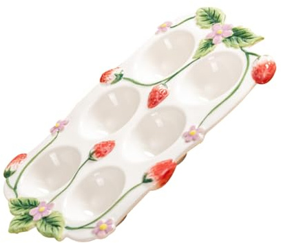 WEKADRIN Plateau à Œufs en Céramique sous Émail avec 6 Compartiments Porte-Œufs Empilable pour Réfrigérateur Rangement Peu Encombrant Décor Fraise Support Multifonction Cuisine et Plan