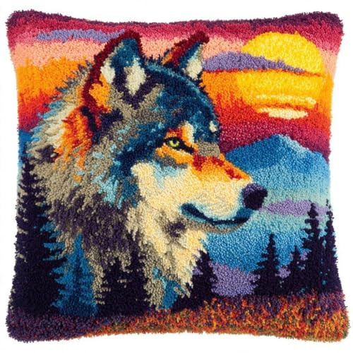 Knüpfkissen Set Zum Selber Wolf Knüpfen Für Erwachsene Und Anfänger,Diy Kissenbezug Mit Knüpfhaken-Set Latch Hook Cushion Kit,Kreatives Basteln Ideal Für Home Decor 43X43Cm