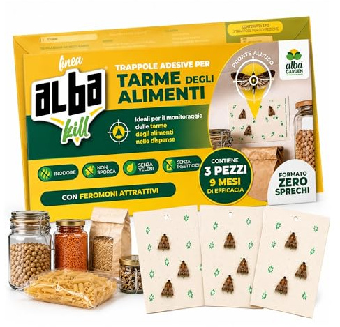 Albagarden Antitarme Alimentari, Trappole Adesive Farfalline Del Cibo Con Feromoni Attrattivi, 3 Pezzi, Senza Insetticidi, Efficaci 3 Mesi, Protegge Dispensa Farina Pasta Riso