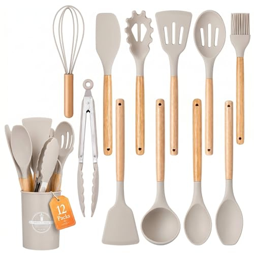 Bojury Silicone Kitchen Utensils Set, 12pcs Non Stick & Heat Resistant Cooking Set with Holder, Ladles, Spoons and Spatulas Set -Kitchen Tools & Accessories Khaki