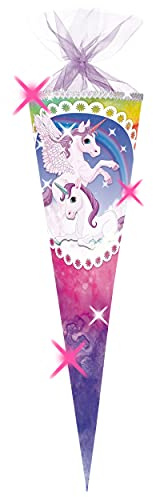 3-D Glitzer Effekt ! Schultüte - Einhorn & Pferd Pegasus - Regenbogen - 70 cm - Organza Abschluß - Zuckertüte - mit/ohne Kunststoff Spitze - Nestler -..
