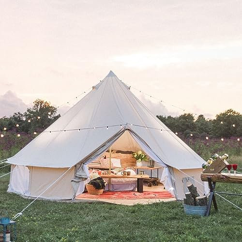 Dream House Outdoor Waterproof Cotton Canvas Family Camping Bell Tent (Beige Cotton Canvas Tent, Diameter 4 Meter)
