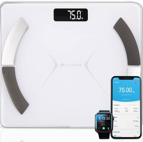 Silvergear® Bilancia Pesapersone Digitale | Bilancia Impedenziometrica Professionale per Massa Magra e Grassa | Bilancia Smart Bluetooth con App | BMI, Peso, Acqua, Proteine, Peso Osseo, BMR