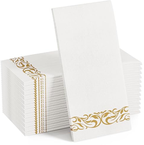 FOCUSLINE 100 Linen Feel Bathroom Napkins, Soft and Absorbent Disposable Guest Towels, Cloth-Like Paper Hand Towels Decorative Napkins for Dinners, Parties, Weddings or Events, Gold, 12 x 17
