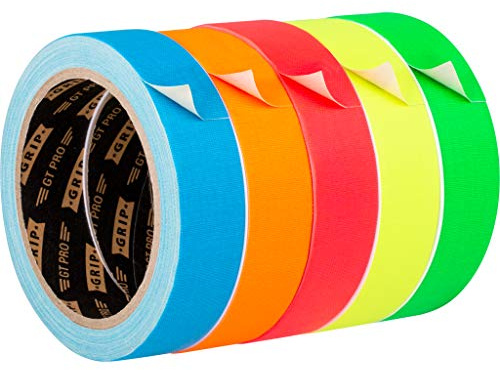 GRIP Eventbasics GT PRO Neon Tape 5er Set, fluoreszierendes Gewebeband 25 mm x 10 m, matt und reflexionsfrei, UV Tape in 5 Farben (neongrün, neonpink, neonblau, neonorange, neongelb)