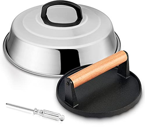 HaSteeL 12In Cheese Melting Dome & 7In Cast Iron Grill Press, Stainless Steel Basting Cover with Heavy Duty Burger Bacon Press, Griddle Accessories for Teppanyaki Flat Top Stovetop Indoor & Outdoor