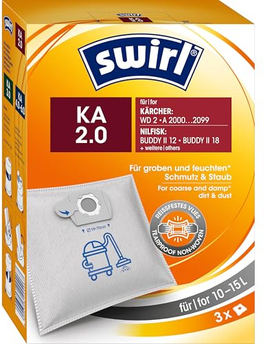 Swirl KA 2.0 Beutel für Nass- und Trockensauger (3 Stück, kompatibel mit Kärcher WD 2, Nilfisk Buddy II und Anderen, reißfestes Vliesmaterial, 3-lagig), für 10-15L Volumen