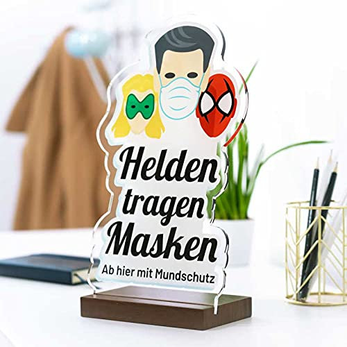 Corona Hinweisschild - Deko Aufsteller Maskenpflicht - Helden tragen Masken (Weiß, Holz)