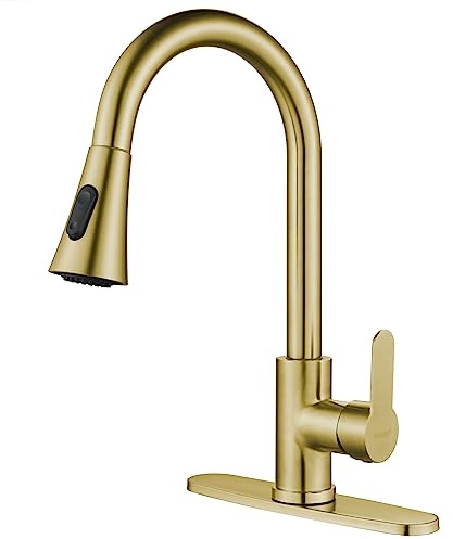 Gold Kitchen Faucet with Pull Down Sprayer Modern Stainless Steel High Arc Single Handle Kitchen Sink Faucet Brushed Gold, Commercial 1 Hole Kitchen Faucet with Deck