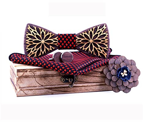 HZQIFEI Noeud Papillon en Bois 4 Pièces Ensemble avec Boutons de Manchette, Carré de Poche et Broche pour Mariage, Soirée et Business