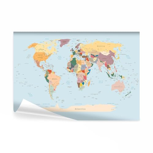 decomonkey carta da parati Mappamondo Continente, 300x210 cm | fotomurale in tessuto non tessuto, carta geografica del mondo, nazione, colorato, blu
